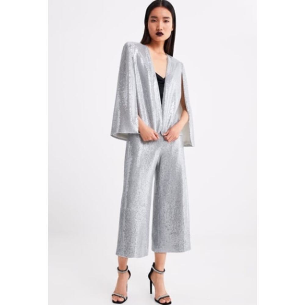 Zara Silver Sequin Cape & High-Rise Culottes Cropped Pants Set NWT- Size S